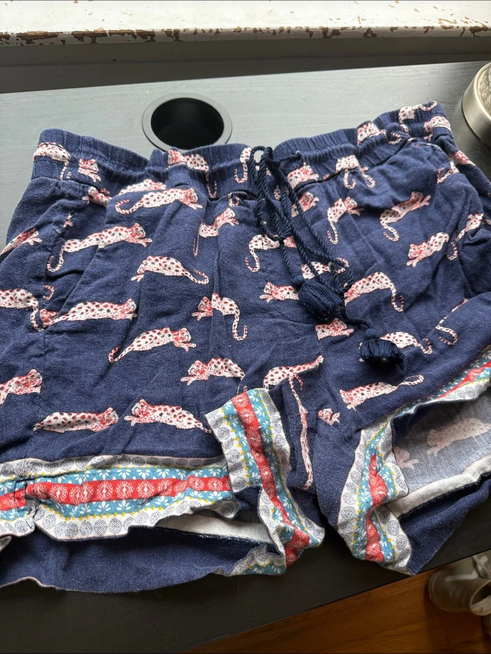 LOFT Navy Pull-On Shorts with Pink Leopard Print and Tassel Drawstring